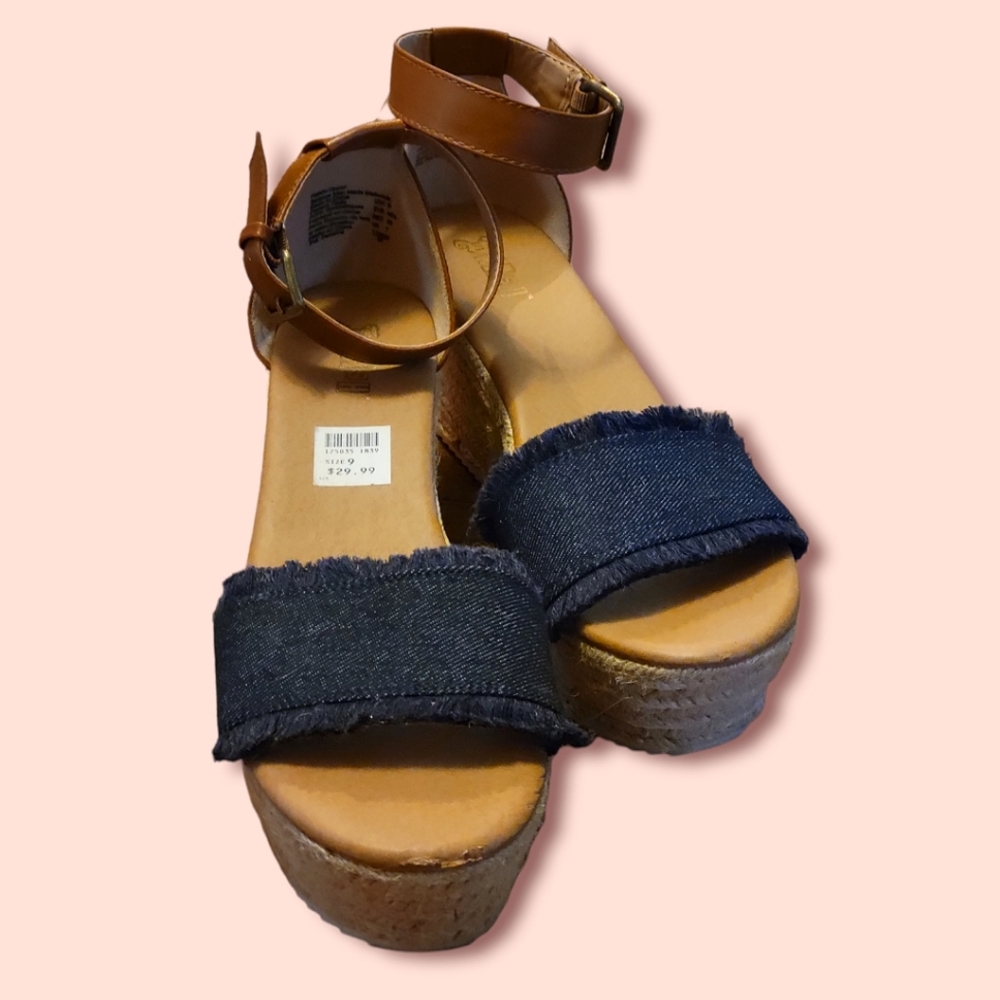 Denim Wedge Espadrille Sandals - Picture 1 of 4